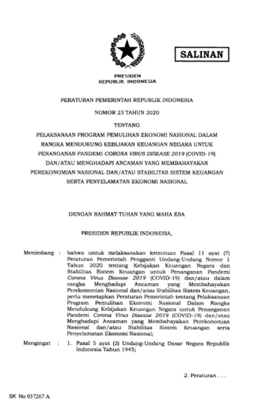 Pp Tentang Program Pemulihan Ekonomi Nasional Pen Tahun 2020