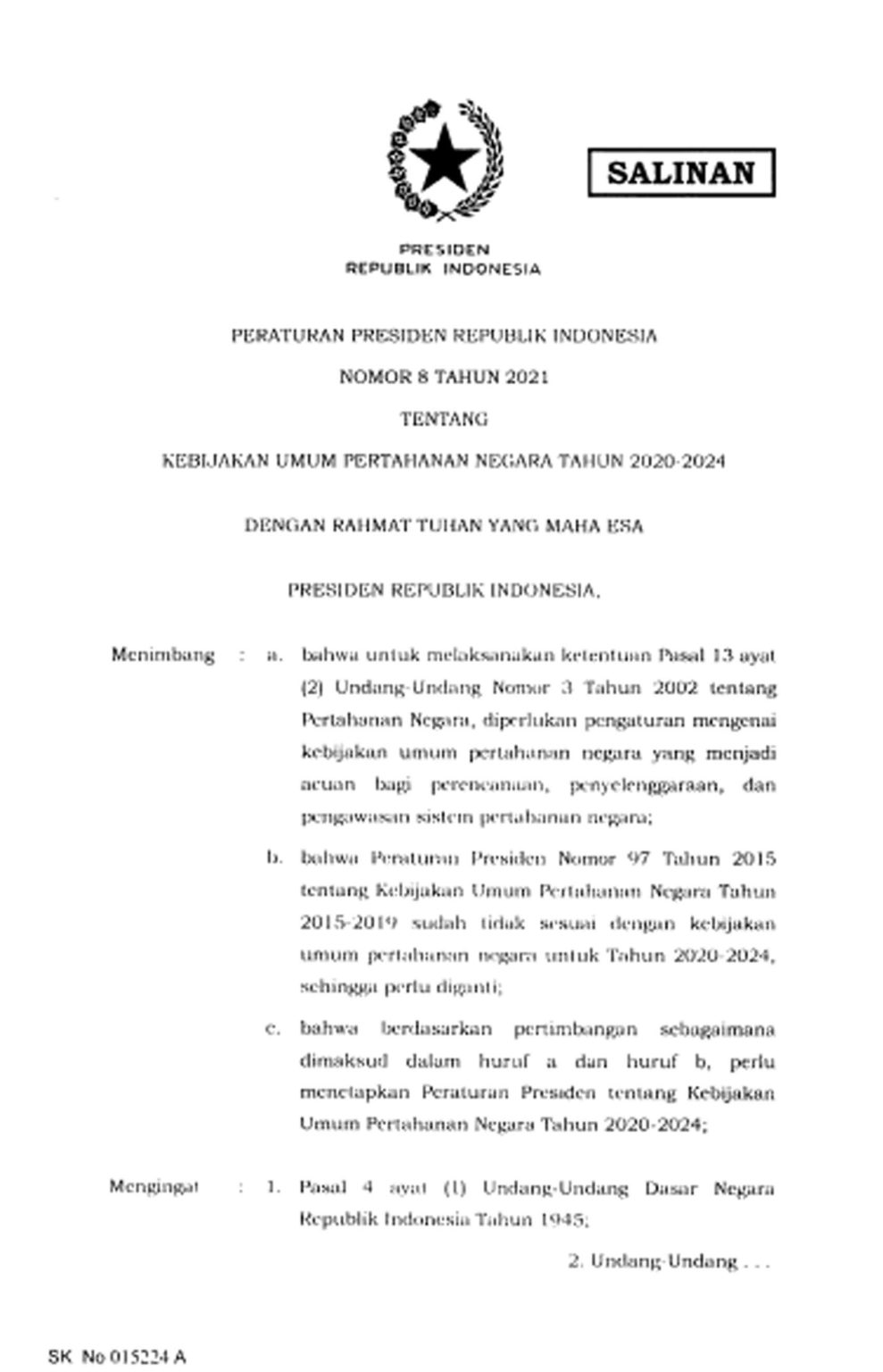 Peraturan Presiden Nomor 8 Tahun 2021 Tentang Kebijakan Pertahanan ...