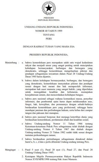 Undang-Undang Nomor 40 Tahun 1999 Tentang Pers – Kompaspedia