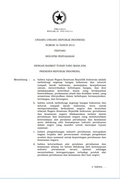 Undang-Undang Nomor 16 Tahun 2012 Tentang Industri Pertahanan – Kompaspedia