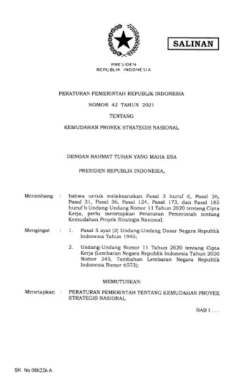 PP Nomor 42 Tahun 2021 Tentang Kemudahan Proyek Strategis Nasional ...