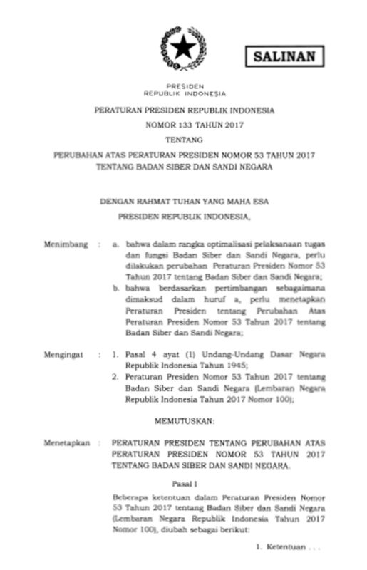 Peraturan Presiden Nomor 133 Tahun 2017 Tentang BSSN – Kompaspedia