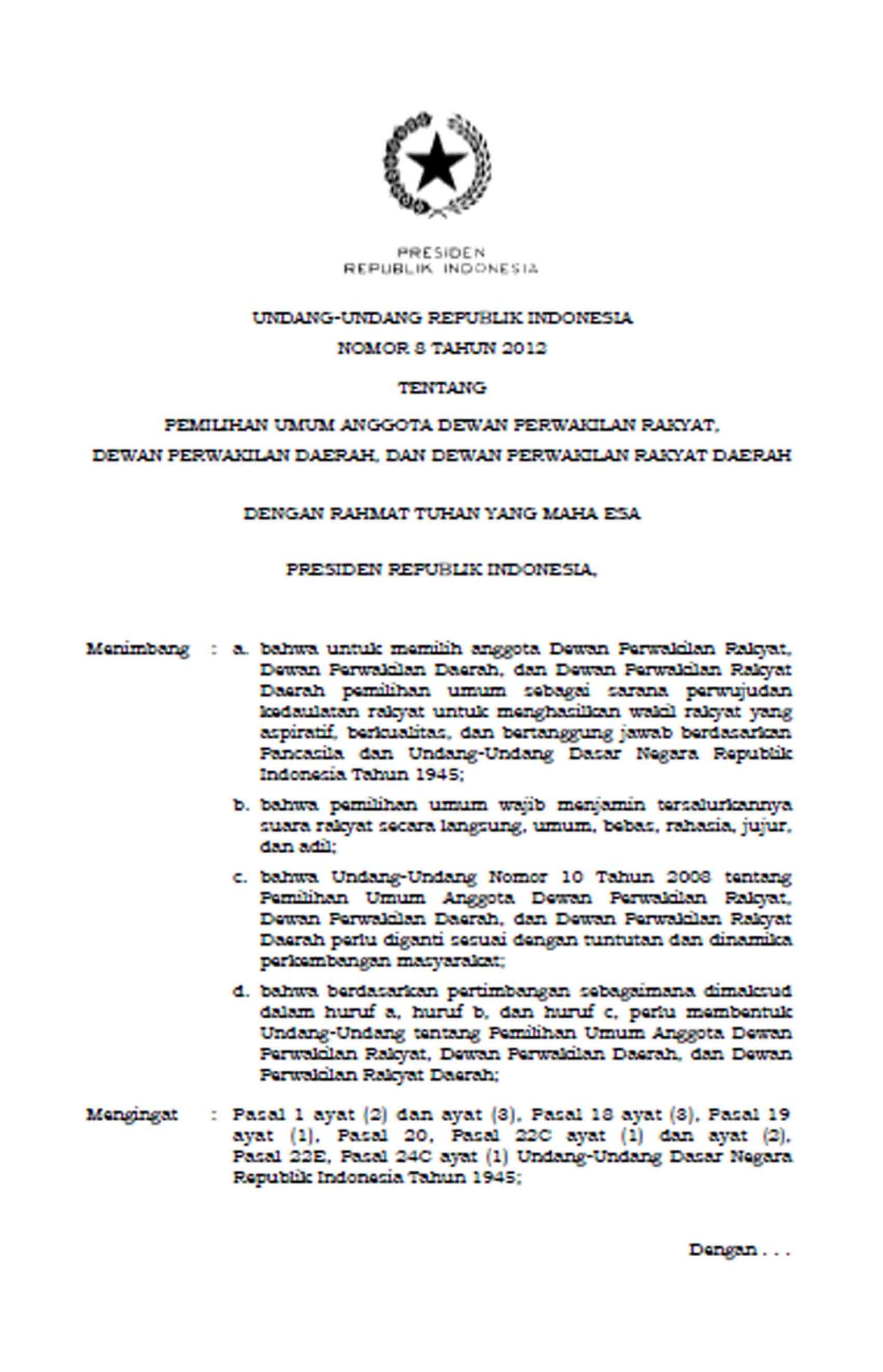 UU Nomor 8 Tahun 2012 Tentang Pemilu DPR, DPD, DPRD – Kompaspedia